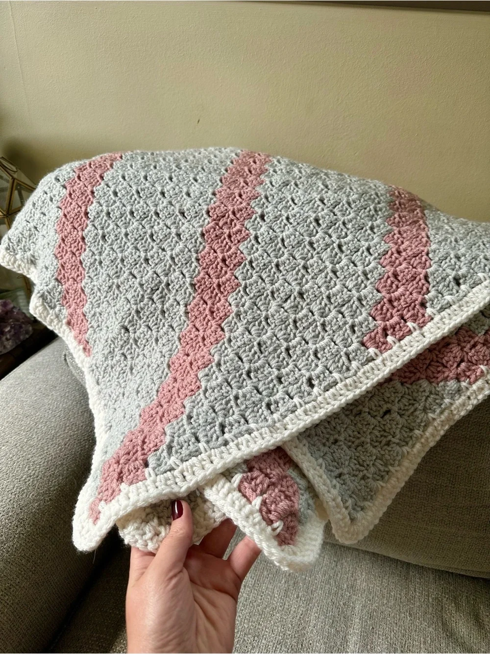 Hand Crocheted Gray Throw Blanket w Pink Accent Stripes White Border Baby Crib